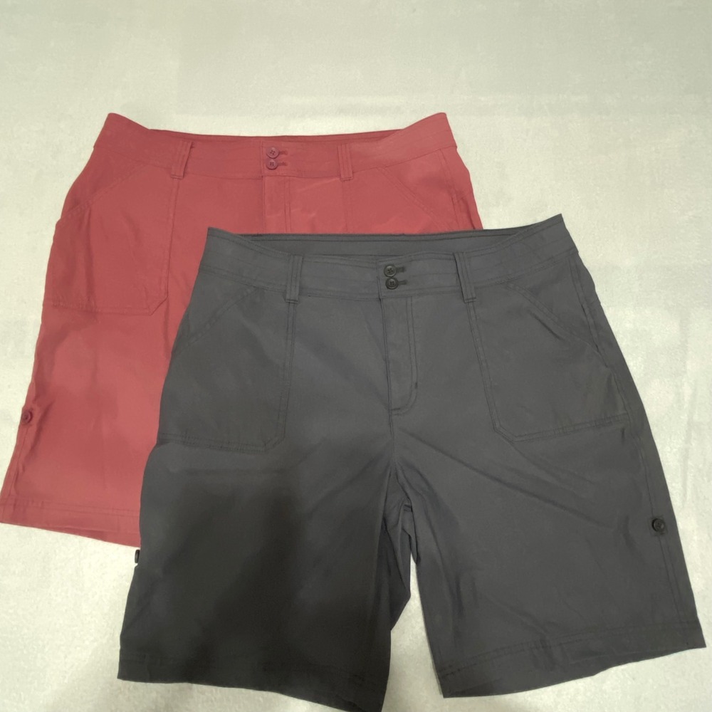2 Eddie Bauer Travex Horizon Shorts Womens 14 Gray Red Hiking Travel Stretch